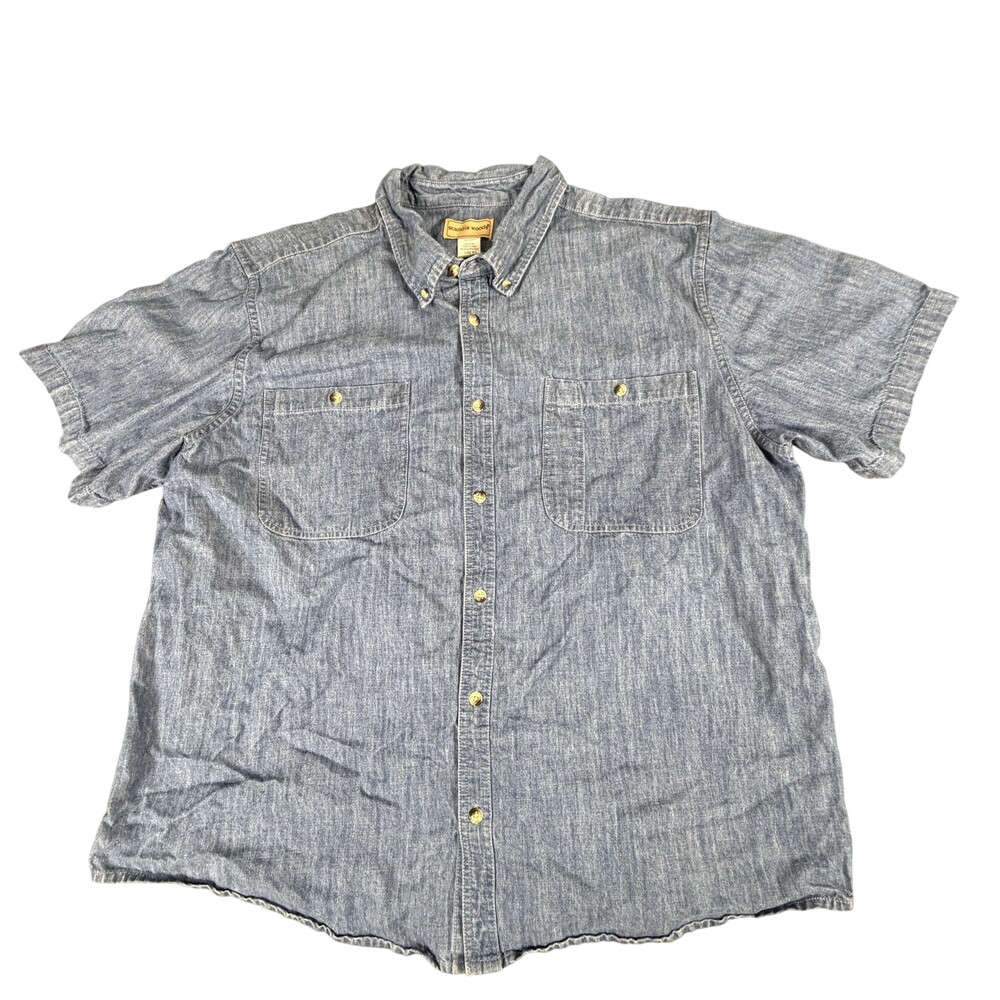 Scandia Woods Shirt Mens Large Blue Chambray Short Sleeve Button Front Cotton